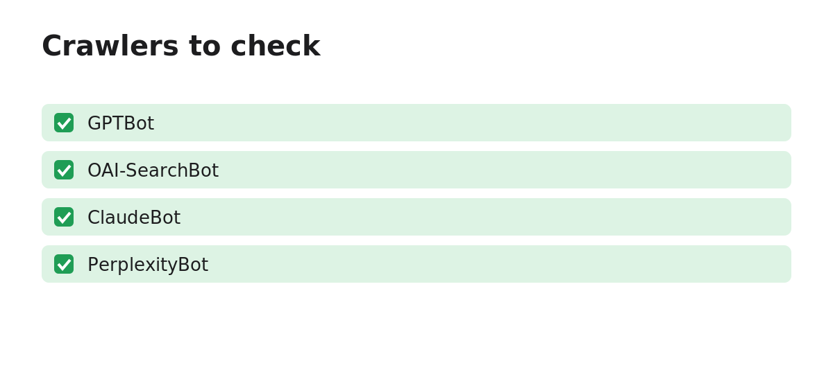Diagram: Crawlers to check. GPTBot, OAI-SearchBot, ClaudeBot, PerplexityBot